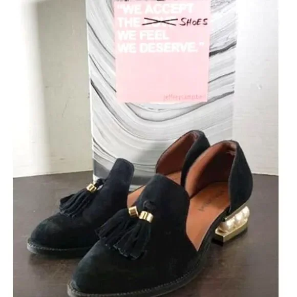 Jeffrey Campbell Civil Studded Loafer In Black Suede with Gold Hardware & Pearls - Picture 7 of 9